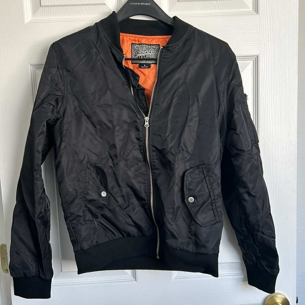 Black Orange Quilted Lined Silky Zip Up Bomber Jacket